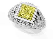 Fancy Yellow Princess Cut Diamond Bezel Ring Set in White gold with Milgrain Accent Band