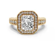 Radiant Cut Diamond Halo Ring Set in Yellow gold with Round Accent Halo, Pavé Band and Prong Setting