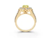 Fancy Yellow Oval Cut Diamond Halo Engagement Ring Set in Yellow gold with Split Shank and Prong Setting