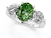 Fancy Green Oval Cut Diamond Three-Stone Ring Set in White gold with Prong Setting and Classic Band