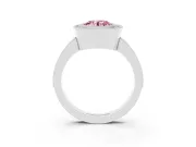 Fancy Pink Round Cut Diamond Halo Engagement Ring Set in White gold with Pavé Band and Round Halo Stones