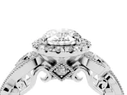 Oval Cut Diamond Halo Ring Set in Silver with Milgrain Pavé Band and Prong Setting