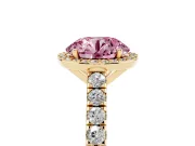 Fancy Pink Round Cut Diamond Halo Engagement Ring Set in Yellow gold with Pavé Band and Prong Setting