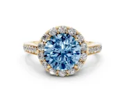 Fancy Blue Round Cut Diamond Floral Halo Ring Set in Yellow gold with Pavé Band and Prong Setting