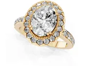 Oval Cut Diamond Halo Ring Set in Yellow gold with Pavé Shank and Prong Setting