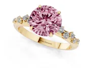 Fancy Pink Round Cut Diamond Cluster Solitaire Ring Set in Yellow gold with Prong Setting