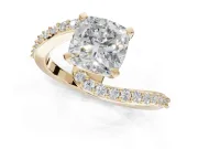 Cushion Cut Bypass Pavé Solitaire Engagement Ring Setting | Swirl Band | Yellow Gold