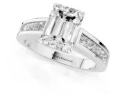 Emerald Cut Diamond Solitaire Ring Set in White gold with Channel-Set Band and Prong Setting