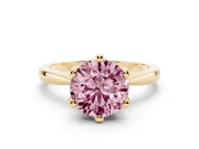 Fancy Pink Round Cut Diamond Solitaire Engagement Ring Set in Yellow gold with Slim Tapered Solitaire Band