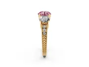 Round Vintage Three Stone Engagement Ring Setting for a Fancy Pink Lab-Grown Diamond | Yellow Gold