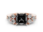 Fancy Black Asscher Cut Diamond Solitaire Ring Set in Rose gold with Cluster Accents on Each Side