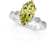 Fancy Yellow Marquise Cut Diamond Solitaire Engagement Ring Set in White gold with Milgrain Bezel Accent Band