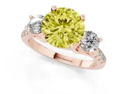 Fancy Yellow Three-Stone Round Cut Diamond Pavé Band Ring Set in Rose gold with Prong-Set Trio