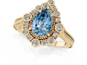 Fancy Blue Pear Cut Diamond Halo Milgrain Pavé Ring Set in Yellow gold with Prong Setting