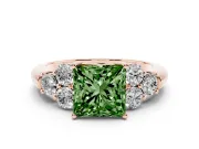 Fancy Green Princess Cut Diamond Cluster Ring Set in Rose gold with Round Accent Stones and Prong Setting on a Plain Band
