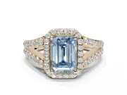 Emerald Cut Halo Pavé Engagement Ring Setting for a Fancy Blue Lab-Grown Diamond | Narrow Split Shank | Yellow Gold