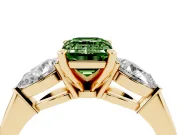 Fancy Green Three-Stone Emerald Cut Diamond Ring Set in Yellow gold with Pear Side Stones and Prong Setting