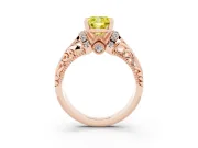 Fancy Yellow Cushion Cut Diamond Filigree Halo Engagement Ring Set in Rose gold with Prong Setting
