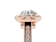 Round Cut Diamond Halo Solitaire Ring Set in Rose gold with Pavé Band and Bezel Setting