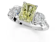 Radiant Cut Three Stone Engagement Ring Setting for a Fancy Yellow Lab-Grown Diamond | Tapered Pave Band | Platinum