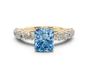Radiant Cut Shared Prong Engagement Ring Setting for a Fancy Blue Lab-Grown Diamond | Yellow Gold