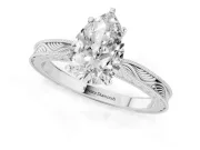 Pear Cut Diamond Solitaire Milgrain Engraved Band Set in Silver with Prong Setting