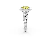 Fancy Yellow Oval Cut Diamond Halo Ring Set in White gold with Scrollwork Band and Prong Setting