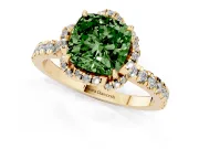 Fancy Green Cushion Cut Diamond Halo Pavé Band Ring Set in Yellow gold with Prong-Held Center