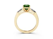 Fancy Green Radiant Cut Diamond Solitaire Ring Set in Yellow gold with Tapered Baguette Side Stones and Prong Setting