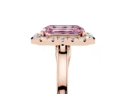 Fancy Pink Emerald Cut Halo Round Diamond Solitaire Ring Set in Rose gold with Pavé Band and Prong Setting