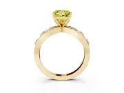Fancy Yellow Princess Cut Diamond Solitaire Ring Set in Yellow gold with Side Stones on Criss-Cross Band and Prong Setting