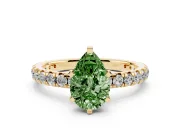 Fancy Green Pear Cut Diamond Pavé Solitaire Ring Set in Yellow gold with Round Band and Prong Setting