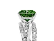Fancy Green Radiant Cut Diamond Solitaire Twist Band Ring Set in White gold with Pavé Setting and Prong Head