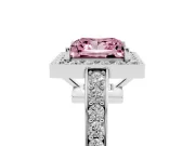 Fancy Pink Princess Cut Diamond Halo Pavé Engagement Ring Set in Platinum with Bezel Setting