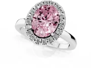 Fancy Pink Oval Cut Diamond Halo Solitaire Ring Set in Platinum with Pavé Band and Prong Setting
