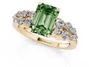 Fancy Green Emerald Cut Diamond Cluster Engagement Ring Set in Yellow gold with Pavé Band and Prong Setting