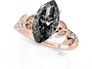 Fancy Black Marquise Cut Diamond Solitaire Leaf-Inspired Ring Set in Rose gold with Pavé Band and Prong Setting