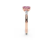 Fancy Pink Radiant Cut Diamond Solitaire Ring Set in Rose gold with Tapered Baguette Side Stones and Prong Setting