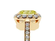 Fancy Yellow Emerald Cut Diamond Floral Halo Ring Set in Yellow gold with Pavé Band and Prong Setting