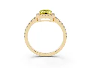 Fancy Yellow Emerald Cut Diamond Halo Ring Set in Yellow gold with Delicate Pavé Band and Prong Setting