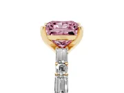 Fancy Pink Princess Cut Diamond Solitaire Set in Yellow gold with Side Baguettes and Channel Set Band