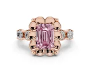 Emerald Cut Floral Engagement Ring Setting for a Fancy Pink Lab-Grown Diamond | Petal Frame and Side Stones | Rose Gold