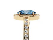 Fancy Blue Oval Cut Diamond Halo Pavé Split Shank Ring Set in Yellow gold with Prong Setting