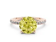 Fancy Yellow Round Cut Diamond Brilliant Solitaire Ring Set in Rose gold with Pavé Band and Prong Setting