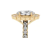 Oval Cut Diamond Milgrain Floral Halo Engagement Ring Set in Yellow gold with Pavé Band