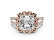 Asscher Cut Petal Frame Floral Halo Engagement Ring Setting | Pavé Split Shank | Rose Gold