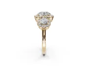 Round Three Stone Halo Engagement Ring Setting | Haloed Side Stones | Yellow Gold
