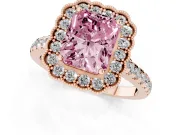 Fancy Pink Radiant Cut Diamond Milgrain Floral Halo Engagement Ring Set in Rose gold with Pavé Band