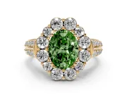 Fancy Green Oval Cut Diamond Halo Engagement Ring Set in Yellow gold with Split Shank and Prong Setting