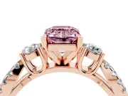 Fancy Pink Emerald Cut Diamond Three-Stone Ring Set in Rose gold with Pavé Split Shank and Prong Setting